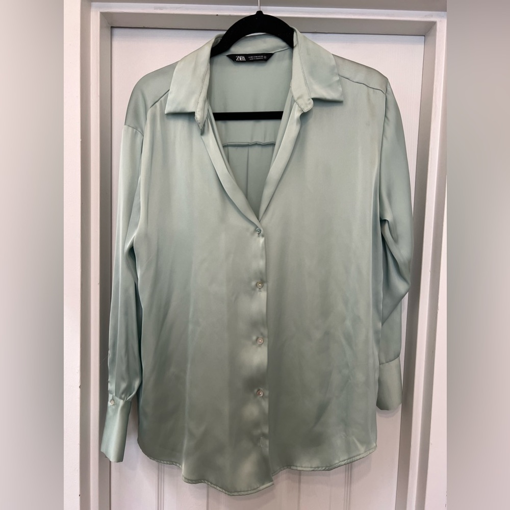 Green Zara Satin Effect Button Down Shirt